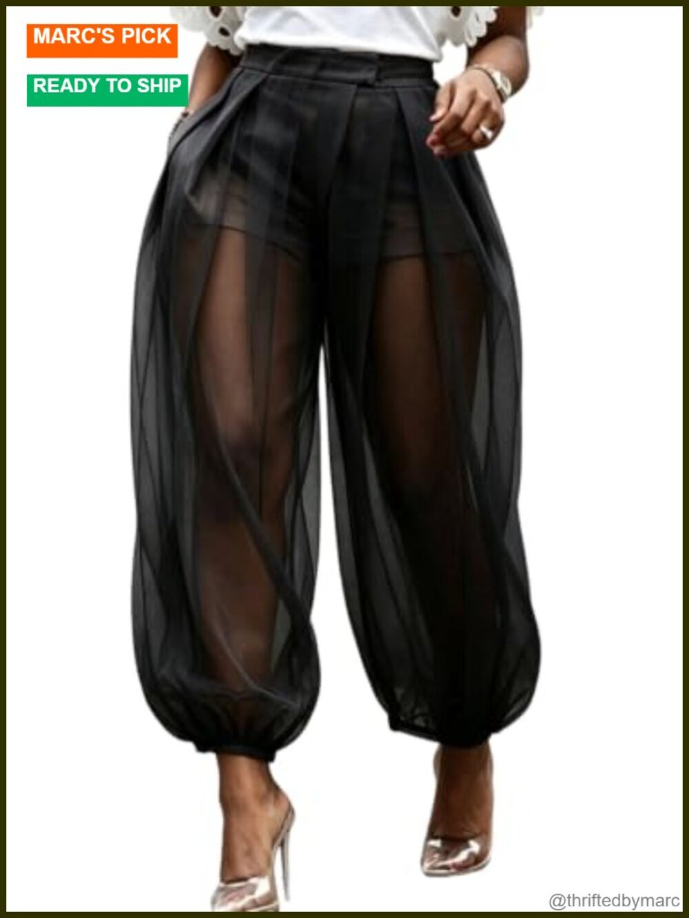 Women's Sheer Mesh Balloon Pants Wide Leg High Rise Pleated with Shorts Liner